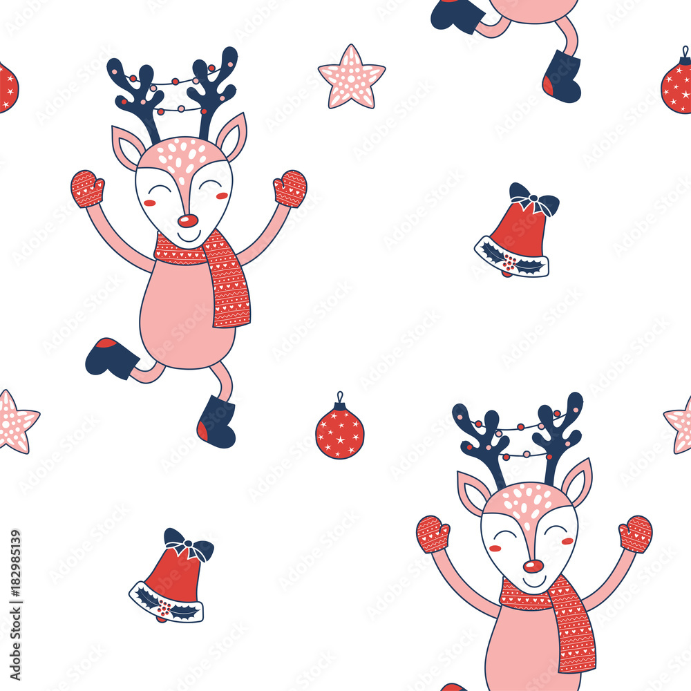 Hand drawn seamless vector pattern with reindeer with antlers decorated with Christmas lights, on a white background. Design concept for Christmas, winter, kids print, wallpaper, wrapping paper.