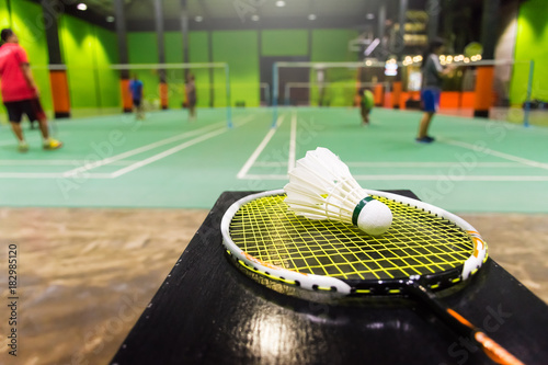 badminton courts with shuttlecocks in the foreground