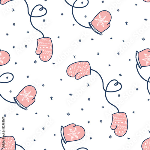 Hand drawn seamless vector pattern with pink mittens on a string, on a white background. Design concept for Christmas, winter, kids textile print, wallpaper, wrapping paper.