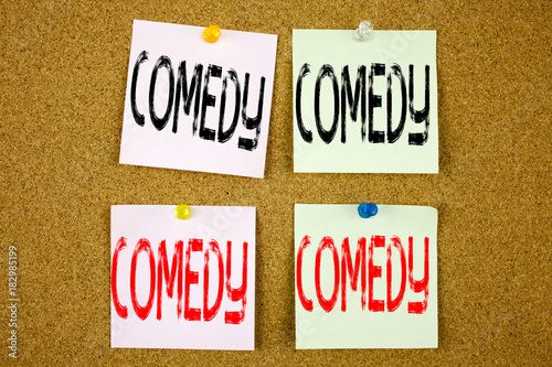 Conceptual hand writing text caption inspiration showing Comedy Business concept for Stand Up Comedy Microphone on the colourful Sticky Note close-up photo