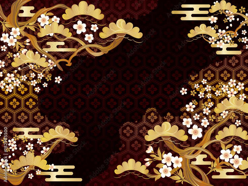 松と花の和柄背景素材 Stock Vector Adobe Stock