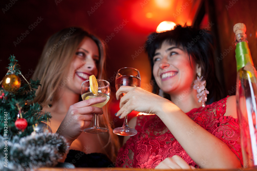 two girlfriends toasting