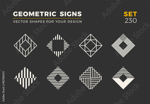 Set of eight minimalistic trendy shapes. Stylish vector logo emblems for Your design. Simple geometric signs collection.