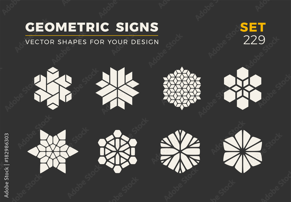 Set of eight minimalistic trendy shapes. Stylish vector logo emblems for Your design. Simple geometric signs collection.