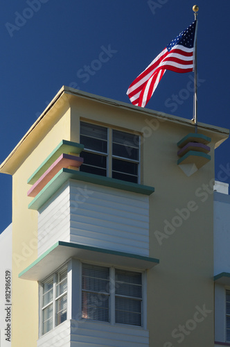 Building in Miami Beach with American flag