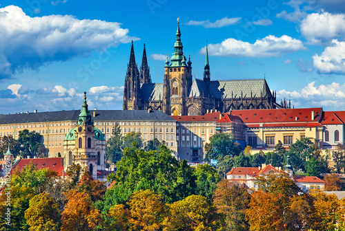 Prague fall landscape view to Saint Vitus Cathedral with blue