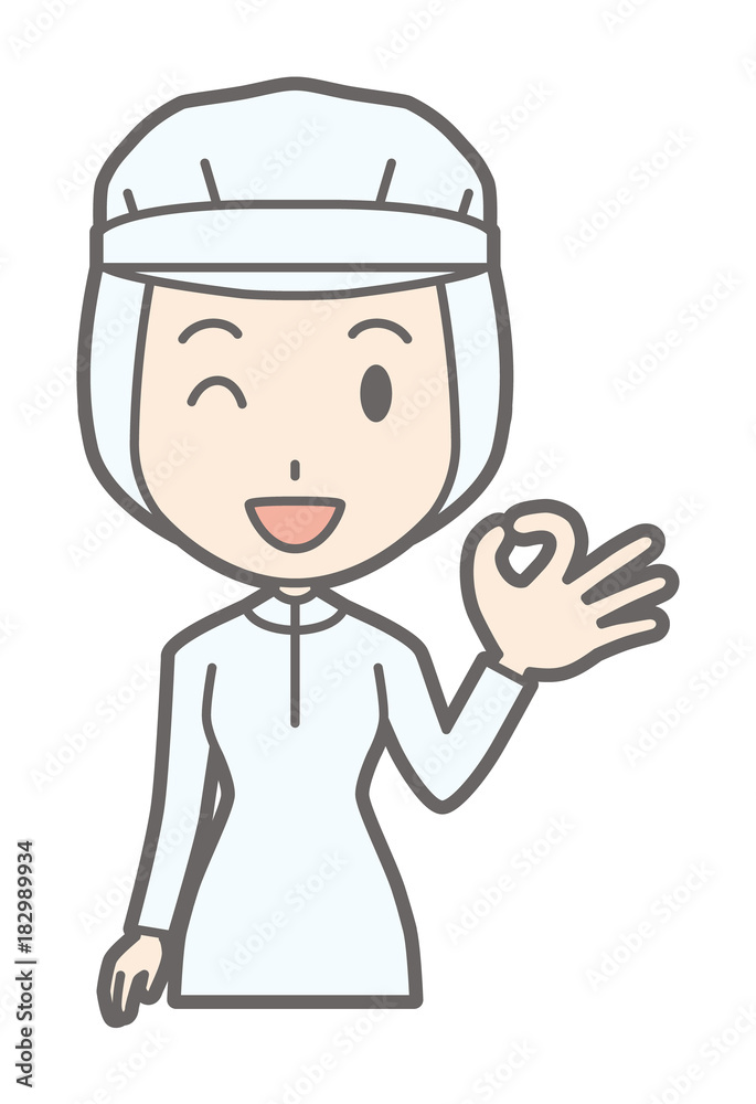A female worker wearing white sanitary clothes is playing an okay sign A female worker wearing white sanitary clothes is playing an okay sign