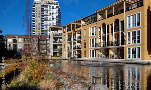 Residential District in Downtown of New Westminster pond and fountain in the yard of a residential complex