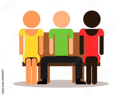 Multicultural three people sit on bench - manspreading / love triange with two women and men. Impolite male spreads legs on public space / polyamory and polygamous couple. Vector illustration