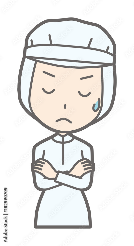Female workers wearing white sanitary clothing are suffering Female workers wearing white sanitary clothing are suffering