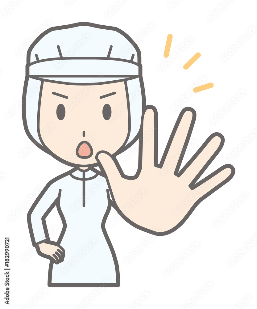 A female worker wearing white sanitary wears out his hand