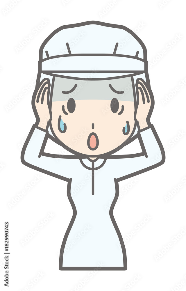 Female workers wearing white sanitary clothing are having trouble holding their heads Female workers wearing white sanitary clothing are having trouble holding their heads
