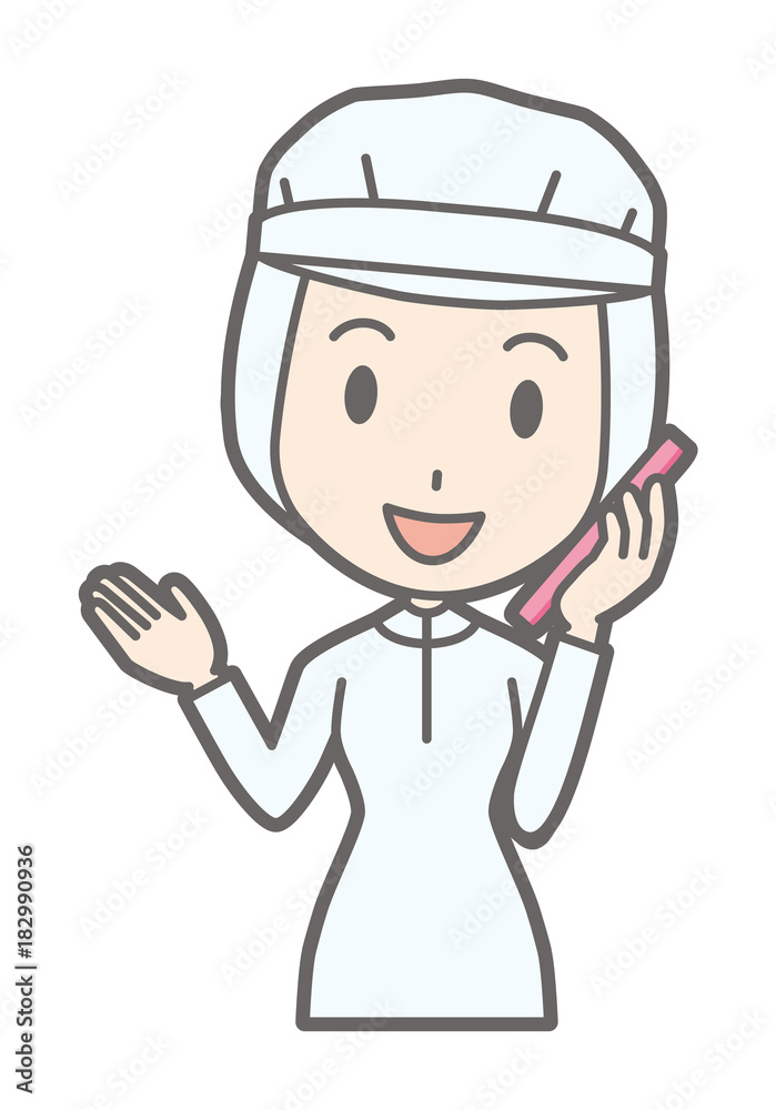A female worker wearing white sanitary clothes is talking on a smartphone A female worker wearing white sanitary clothes is talking on a smartphone