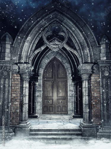 Zimowa sceneria z gotyck   bram   noc   