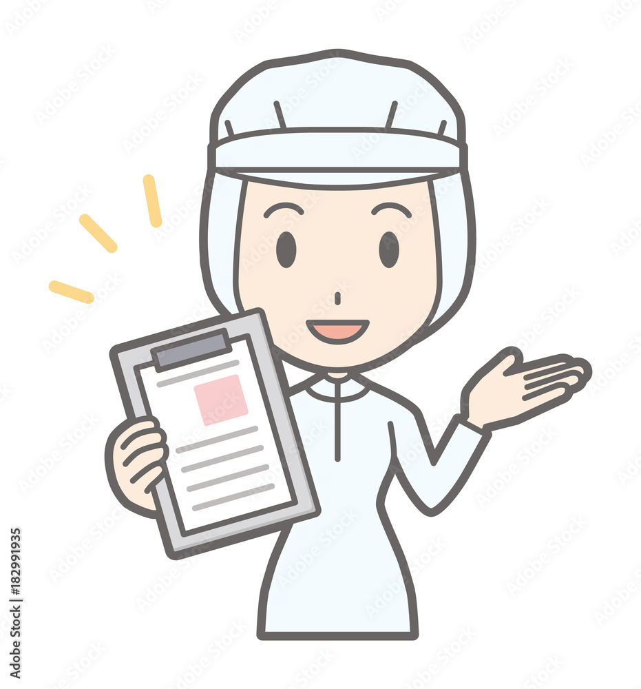 A female worker wearing white sanitary clothes has a file A female worker wearing white sanitary clothes has a file