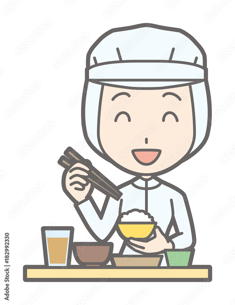 A female worker wearing white sanitary clothing is eating Japanese food