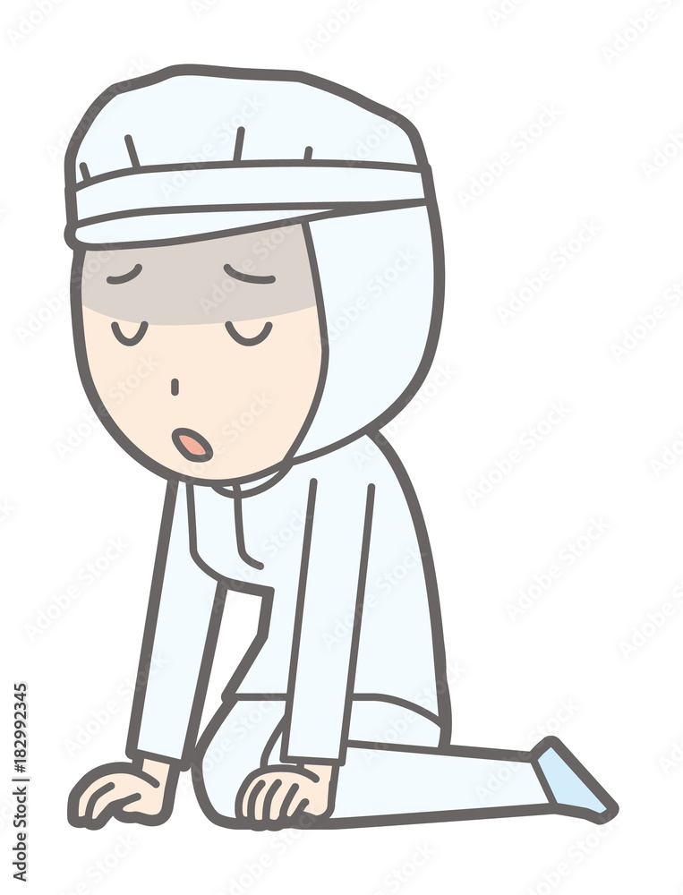 A female worker wearing white sanitary clothes sits on the floor and is sighing