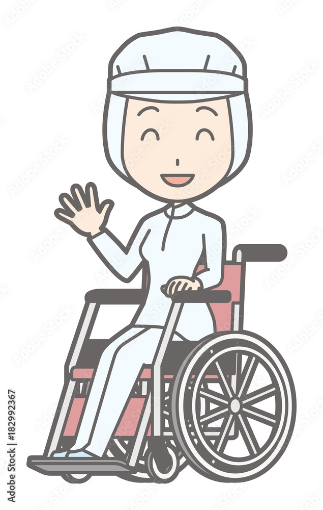 A female worker wearing white sanitary clothing is sitting in a wheelchair and descending a hand A female worker wearing white sanitary clothing is sitting in a wheelchair and descending a hand