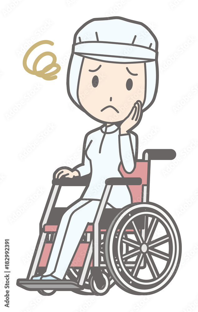 A female worker wearing white sanitary clothes is having trouble sitting in a wheelchair A female worker wearing white sanitary clothes is having trouble sitting in a wheelchair