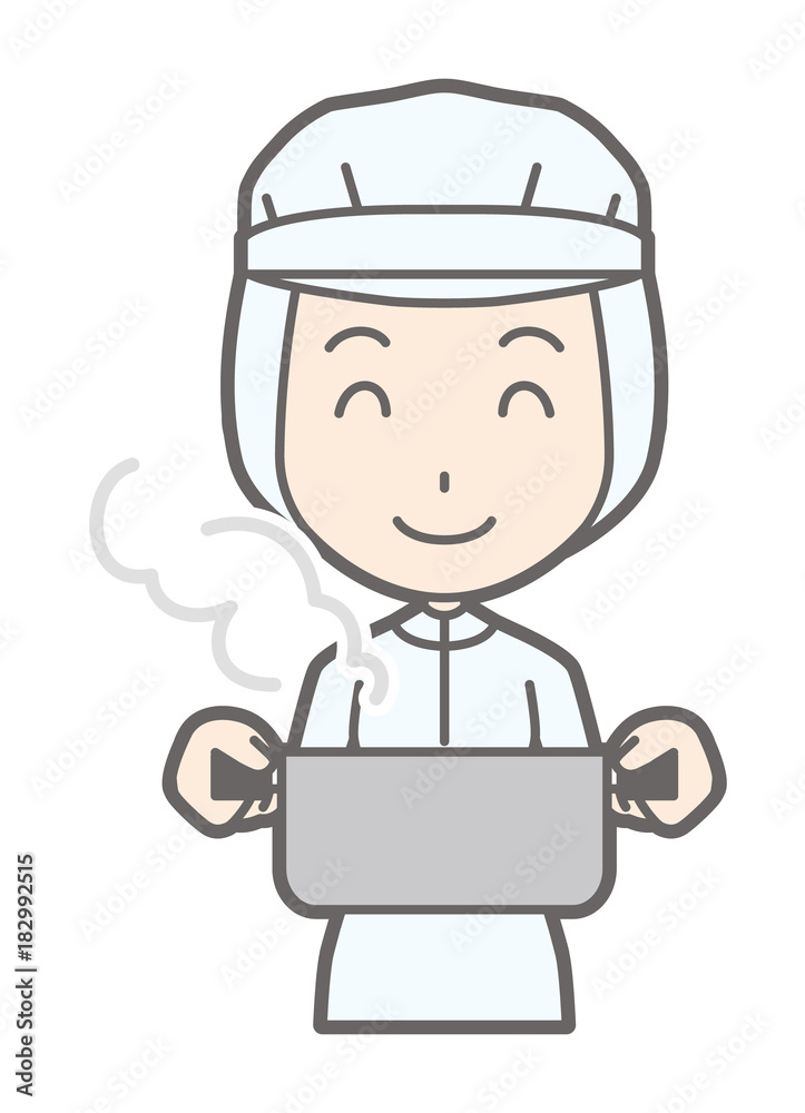 A female worker wearing white sanitary clothes has a pot
