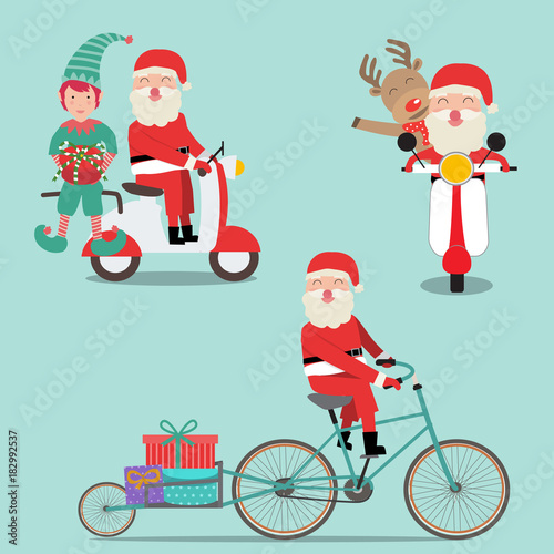Merry christmas santa claus elf and reindeer  riding bicycle and scooter vector. illustration EPS10.