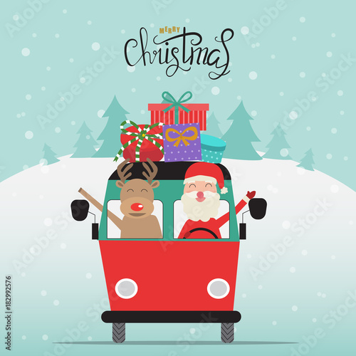 Merry christmas santa claus and reindeer with gift boxes on the van vector. illustration EPS10.