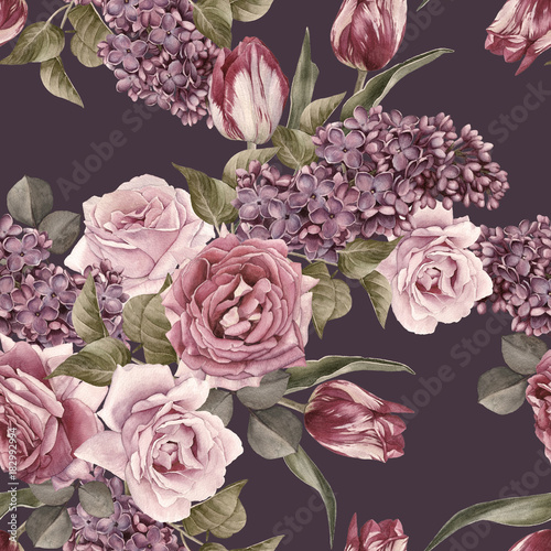 Floral seamless pattern with watercolor lilac, tulips and roses