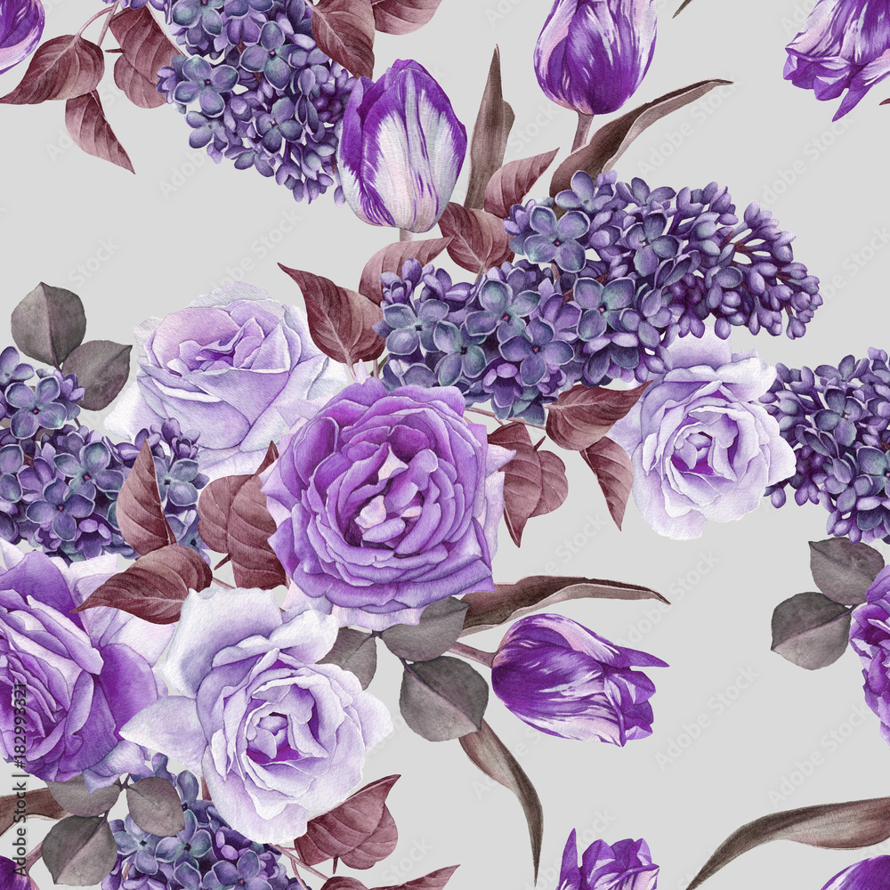 Obraz Floral seamless pattern with watercolor lilac, tulips and roses