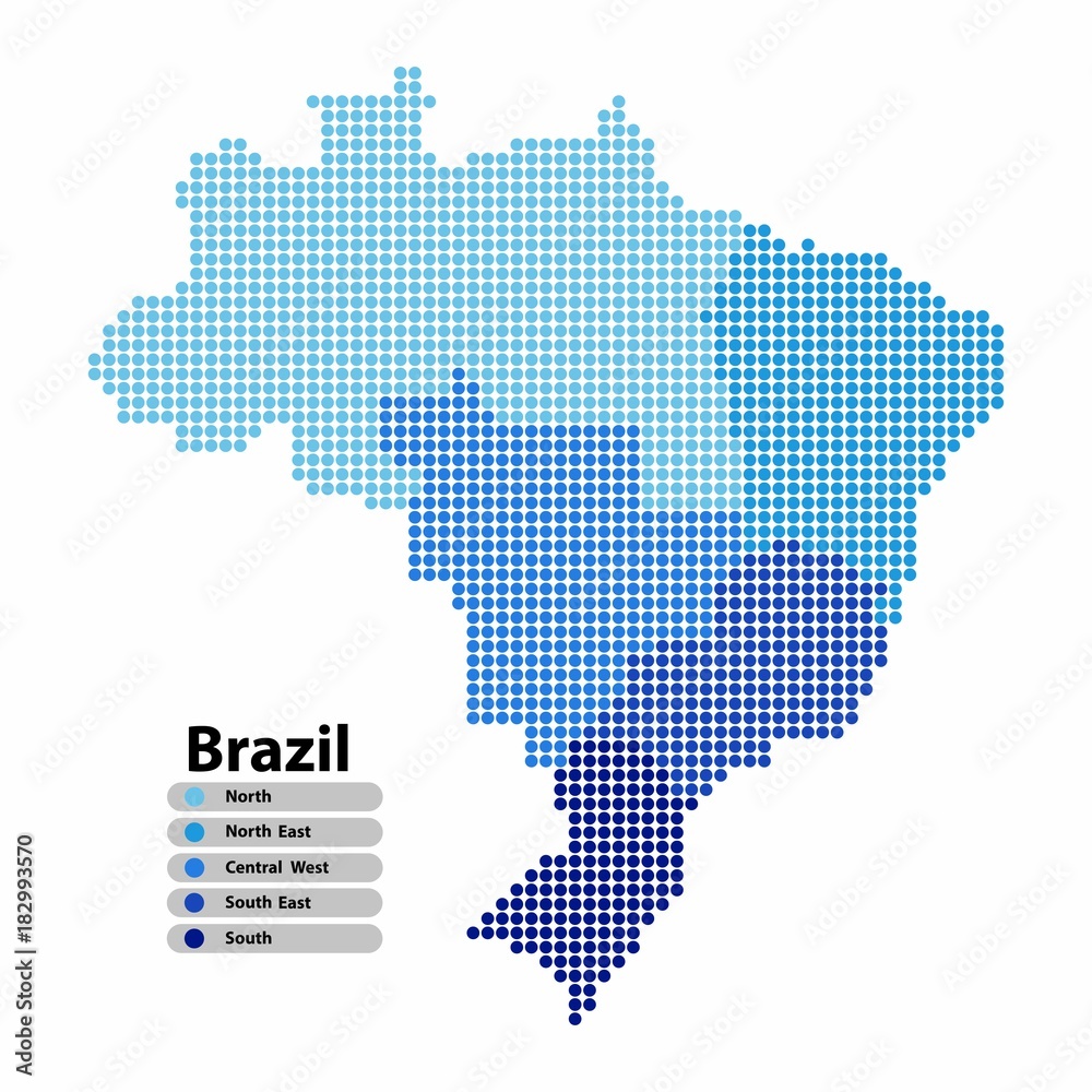 Brazil Map of circle shape with the regions blue color in bright colors on white background. Vector illustration dotted style.