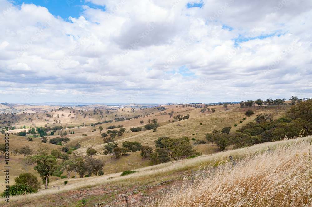 Australian outback landscape with hills and paddocks