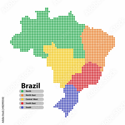 Brazil Map of circle shape with the regions colorful in bright colors on white background. Vector illustration dotted style.