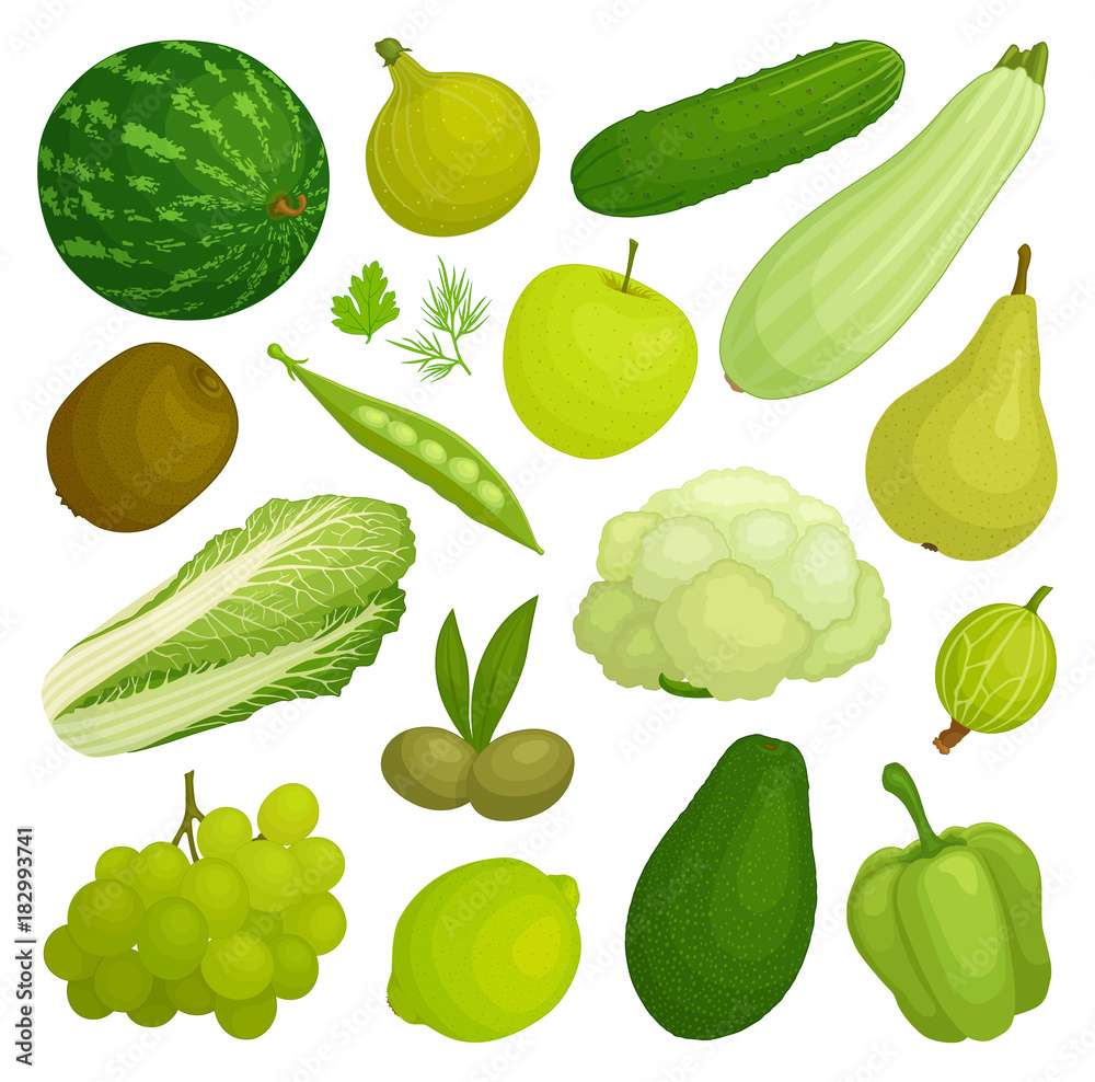 A set of fruits and vegetables of green color. Green food. Vector