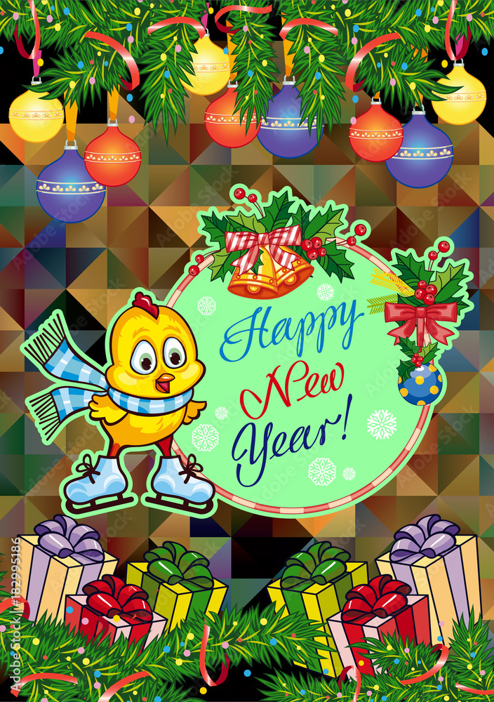 Naklejka premium Holiday card with pine branches, cute chicken and greeting text: