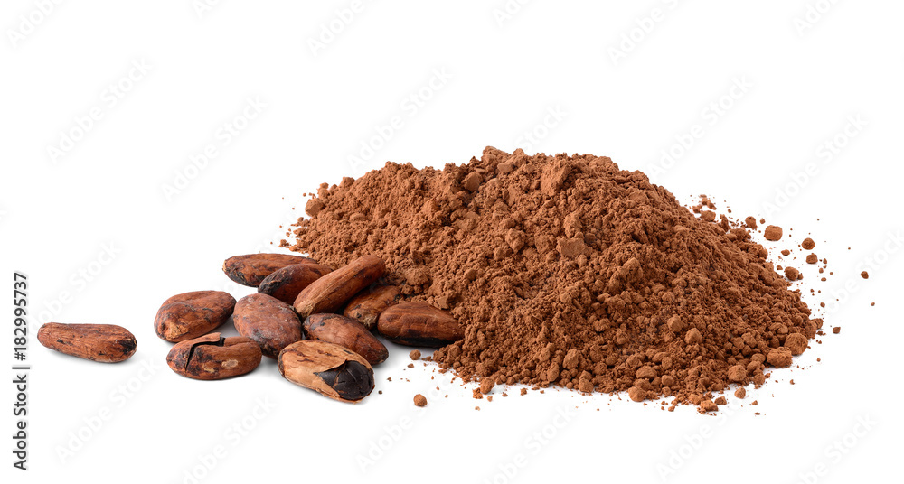 Cacao powder and cocoa beans isolated on white. Macro with full dept of field Cacao powder and cocoa beans isolated on white. Macro with full dept of field