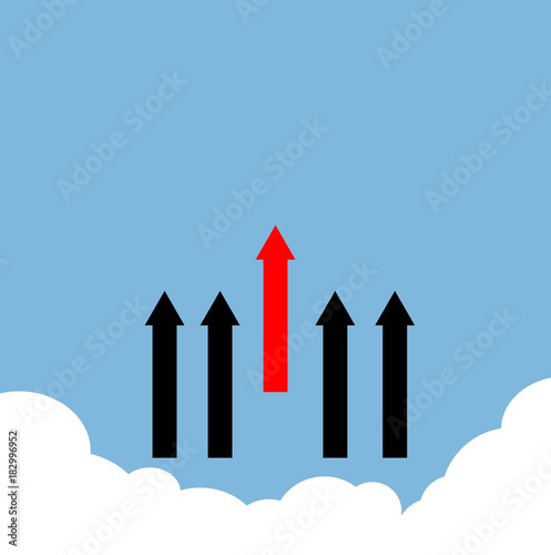 Red with black arrow line upper vector on cloudy and blue sky background.