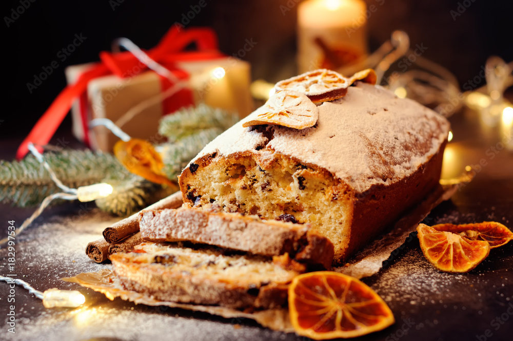 Christmas fruitcake with festive decirations.