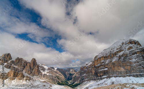 beautiful mountain landscape in the Italian Dolomites in late autumn after fresh snow fall