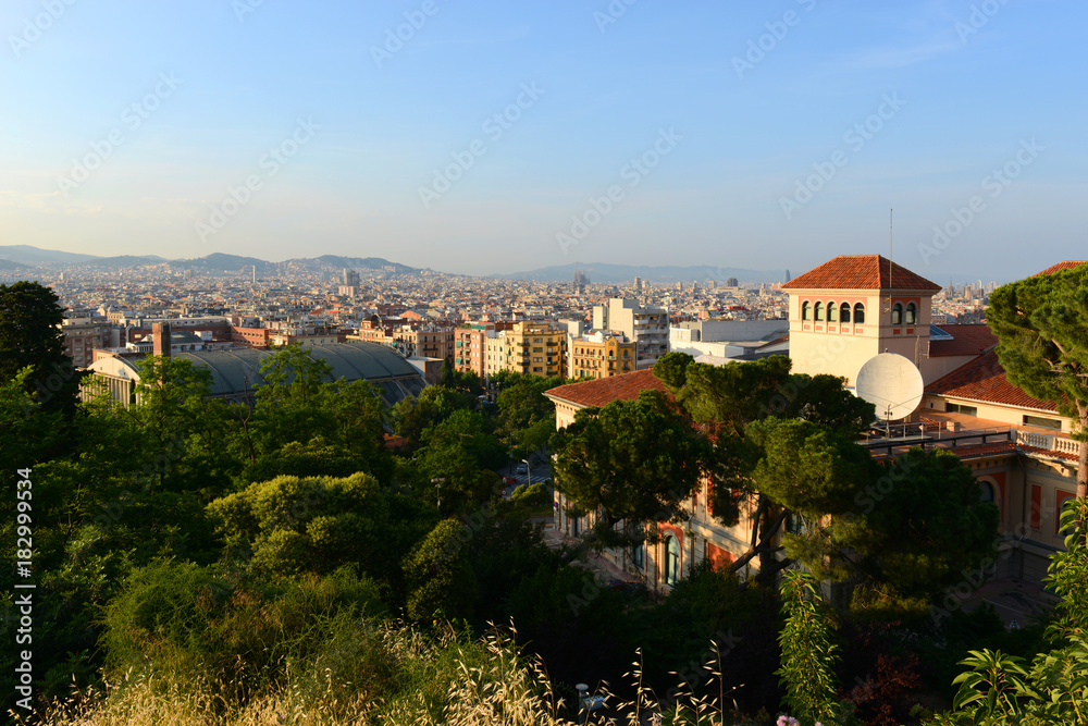 Barcelona Old City aerial view from Montjuic, Barcelona, Catalonia, Spain.