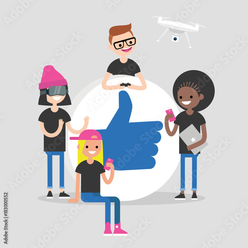 A group of millennial friends gathering around big "Thumbs up" sign. Gadgets. Modern lifestyle. Advanced users. Flat editable vector illustration, clip art