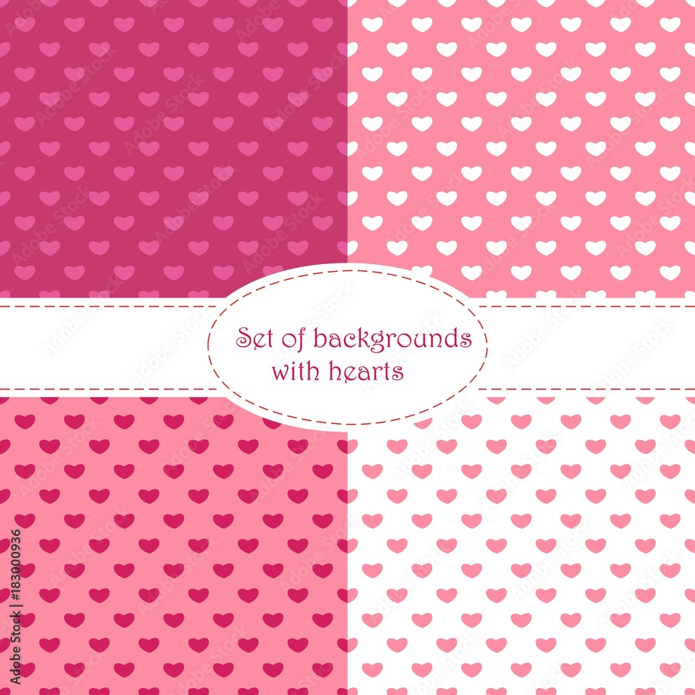 Set of Valentines Day seamless patterns. Pink endless backgrounds with hearts. Set of Valentines Day seamless patterns. Pink endless backgrounds with hearts.
