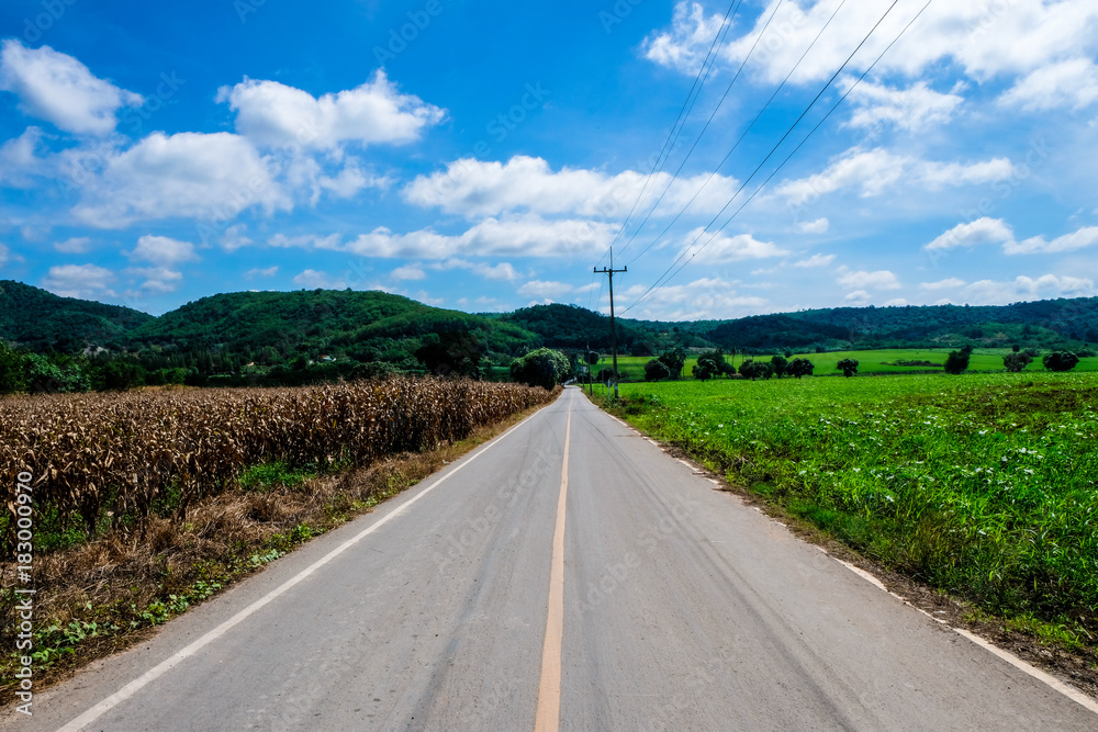 A long straight road leading towards to mountains with fresh nature on the right and dry nature on the left