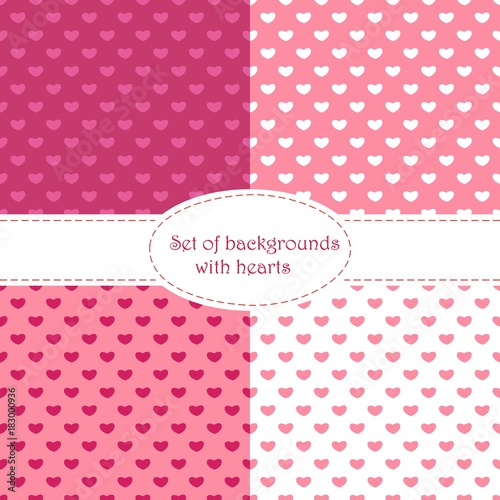 Set of Valentines Day seamless patterns. Pink endless backgrounds with hearts.