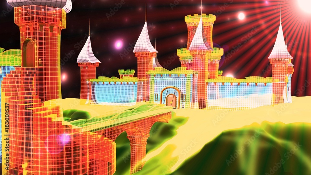 Vista notturna di castelli medioevali virtuali