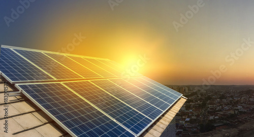 Solar Panel Photovoltaic installation on a Roof, alternative electricity source - Concept Image of Sustainable Resources