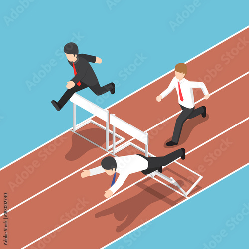 Isometric businessman running with obstacle in hurdle race.