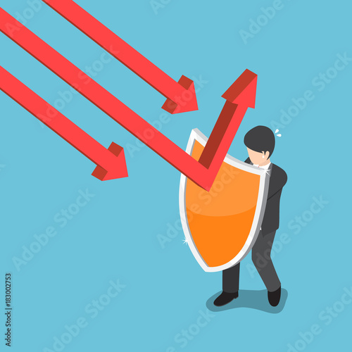 Isometric businessman use shield to protect falling graph. photo