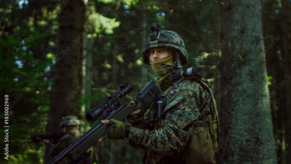 Fully Equipped Sniper Soldier Wearing Camouflage Uniform Attacking Enemy, Rifle in Firing Position. Military Operation in Action, Squad Running in Formation Through Dense Forest. Side View Long Shot.