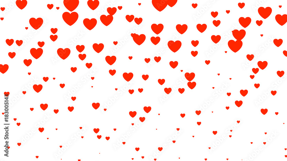 Heart halftone Valentine`s day background. Red and pink falling hearts on white. Vector illustration
