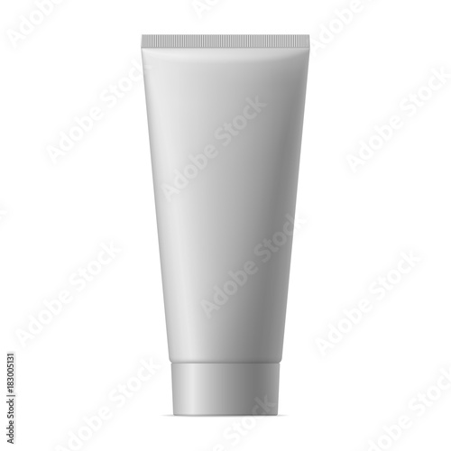Realistic mock up of package. Vector gray mat plastic tube with cap for cosmetics, body cream, skin care, gel, lotion, glue, toothpaste. Front side view. 3D illustration.