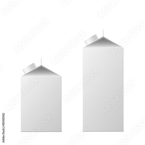 Vector 3d mock up of milk or juice box on white background. Realistic carton one liter package with cap isolated. Template for your design. Front view.